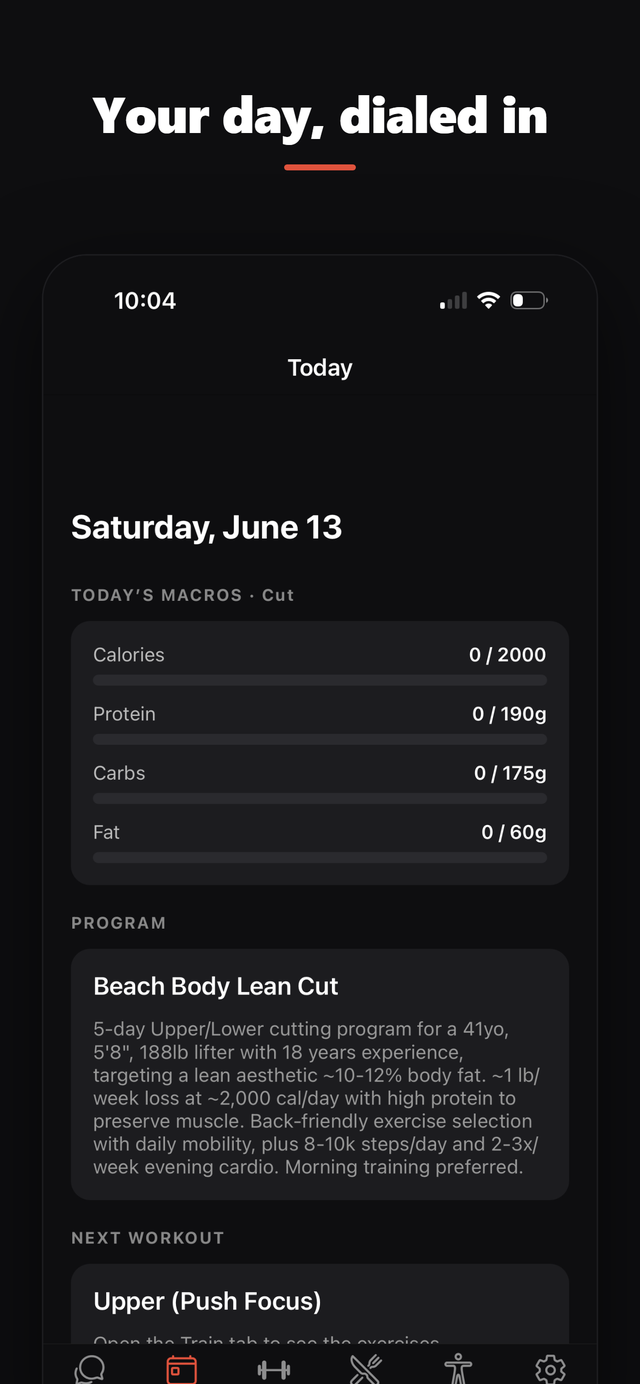 Today screen with macro rings and weekly insight